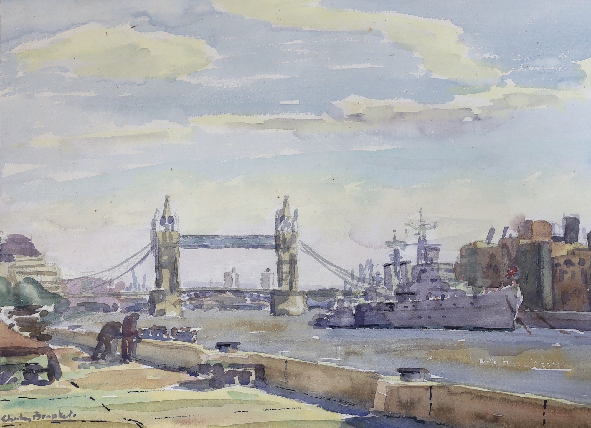 Charles Brooker (1924-2001), watercolour, Tower Bridge with HMS Belfast, signed, 34 x 48cm